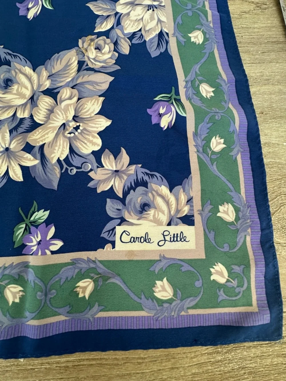 Carole Little Navy, Cream & Lavender Floral 100% Silk Scarf 30”‎ Square